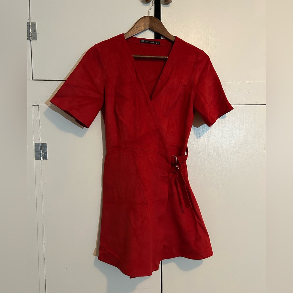 Zara red suede mini dress small buckles holidays Christmas